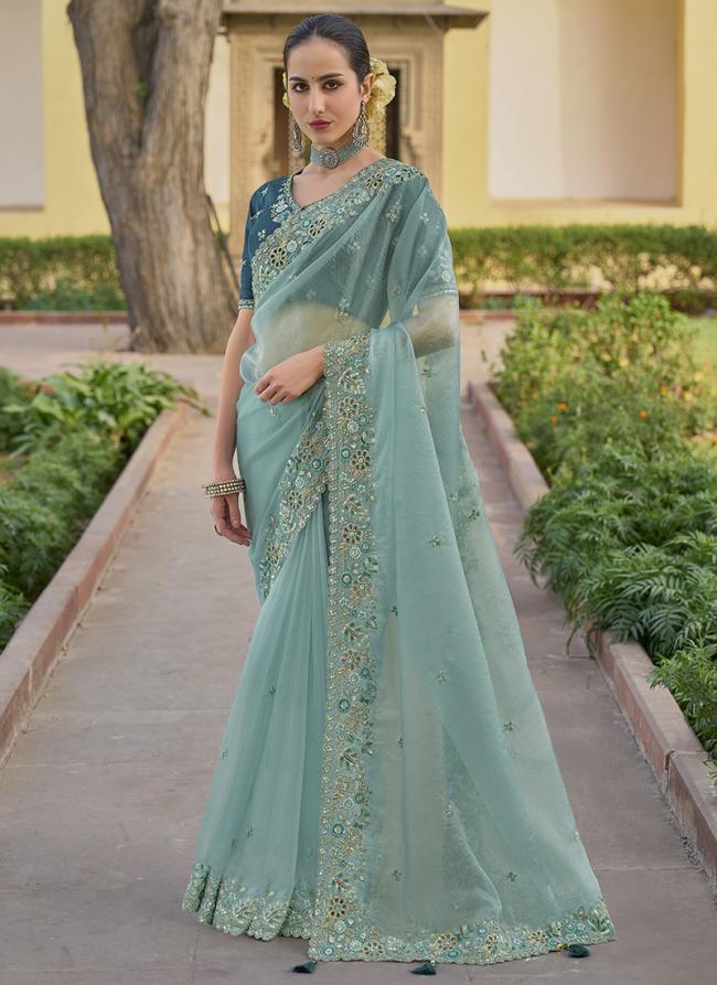 Organza Silk Sky Blue Party Wear Sequins Work Saree